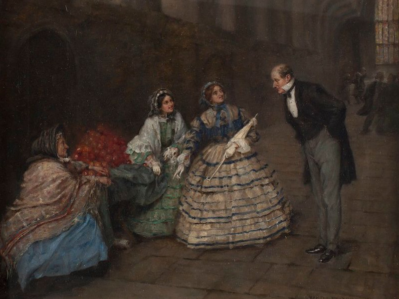 Painting by Bertha Newcombe of Emily Davis and Elizabeth Garrett presenting the suffrage petition to John Stuart Mill in Westminster Hall on 7 June 1866.