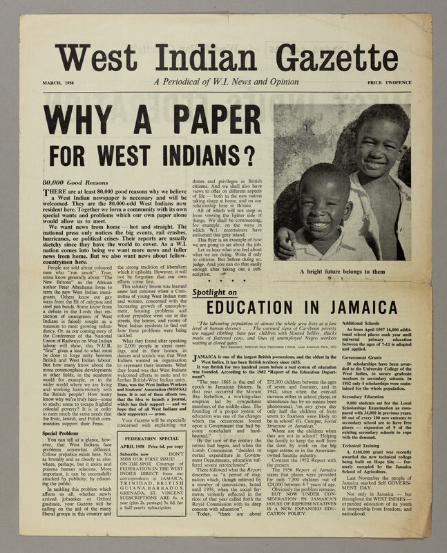 The first page of an edition of the West Indian Gazette with the headline 'Why a paper for West Indians?' Next to the headline article there is an image of two children with an article titled 'Spotlight on Education in Jamaica' underneath. 