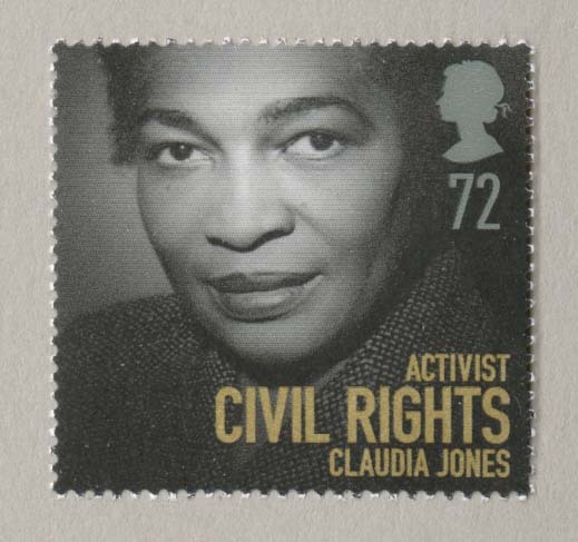 A 72p stamp with a portrait photograph of Claudia Jones with the text 'Activist, civil rights, Claudia Jones' in the bottom right corner.