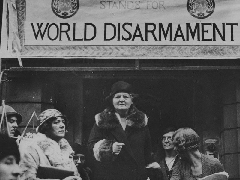 Margaret Bondfield, giving a speech for WILPF at the world disarmament conference in Geneva, 1932.