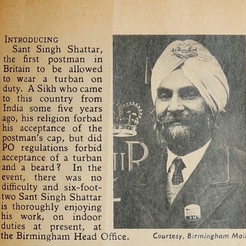 Article from The Post Office Magazine December 1960 about the appointment of Sant Singh Shattar as a postman.