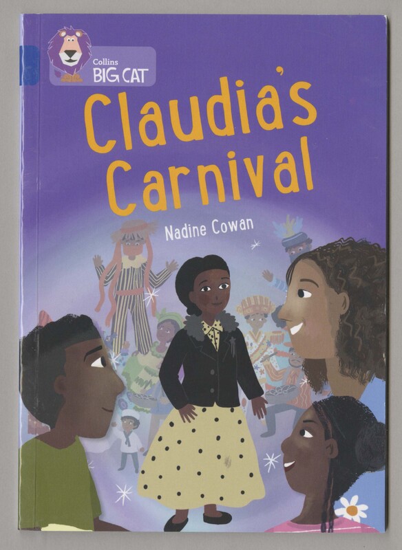 The book cover of 'Claudia's Carnival' by Nadine Cowan. Three children in the foreground are turning towards a woman in a black jacket and a polka dot yellow dress against the backdrop of people participating in a carnival. 