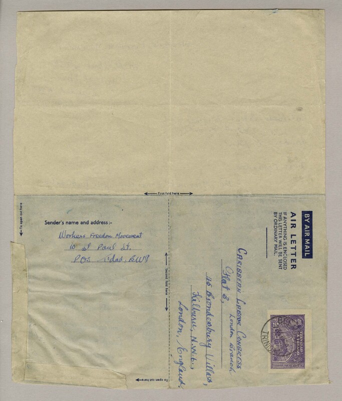 The back of an airmail letter addressed to the Caribbean Labour Congress (London branch) from the Workers Freedom Movement in Trinidad.