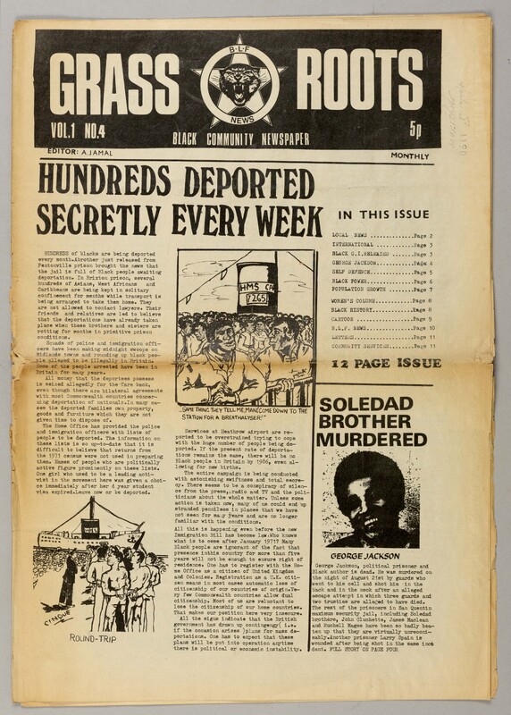 The front page of an issue of the newspaper Grassroots with the Black Liberation Front logo at the top. The headline of the first article is 'Hundreds Deported Secretly Every Week' with two illustrations of crowds in front of a ships in the process of being deported. 