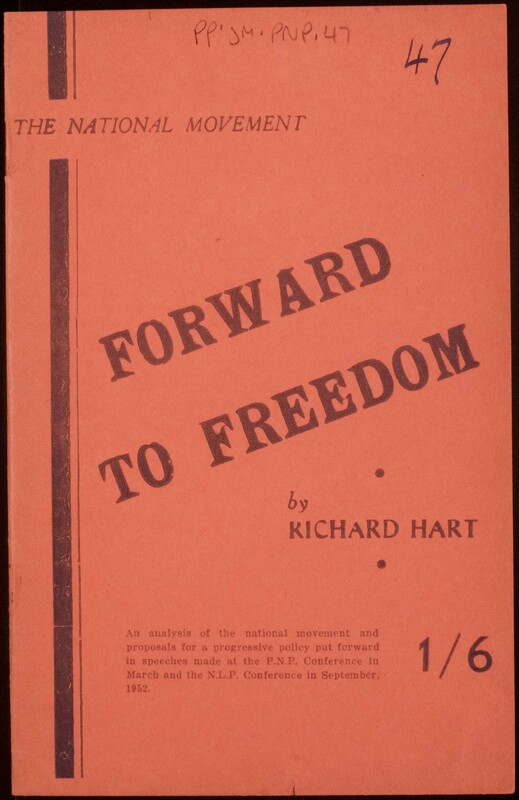 The pamphlet's orange cover includes the title and the additional text: 'An analysis of the national movement and proposals for a progressive policy put forward in speeches made at the P.N.P. Conference in March and the N.L.P. Conference in September 1952.'