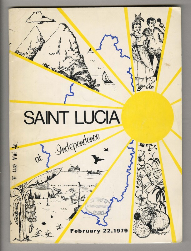 A yellow sun radiates outwards in lines across the cover with the shape of St Lucia outlined in a dark blue in the background. In between the rays there are scenes illustrating St. Lucia's landscape and people. 