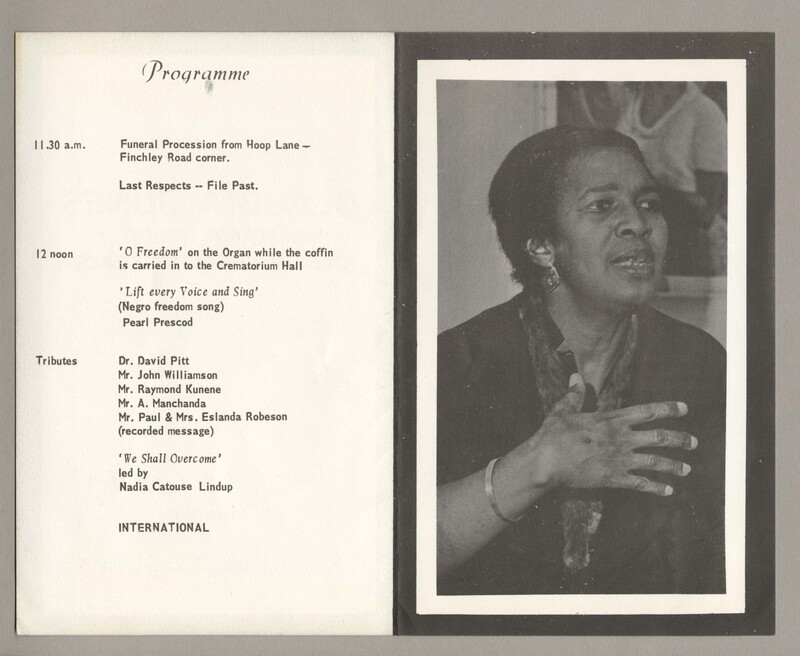 The programme of Claudia Jones' funeral with a portrait photograph of her on the right. 