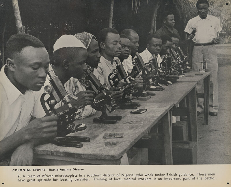 A team of African microscopists at work. From: Great Britain. Central Office of Information. London: published by His Majesty“s Stationery Office, 1949 [FCDO Historical Collection OVERSIZE DA11 GRE]