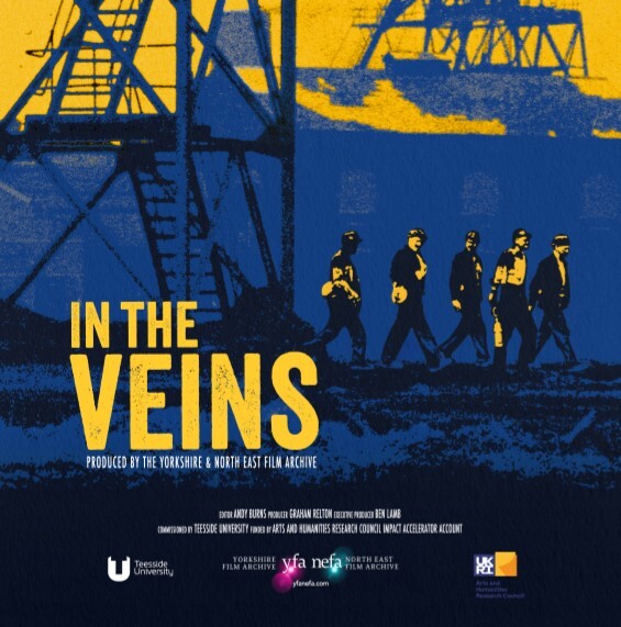 Blue and yellow (effect) image of mine workers wearing miners helmets and carrying miners lamps, walking in front of pithead c. 1980s. Image includes wording 'In the Veins' and acknowledgments of those involved in producing and funding the film.
