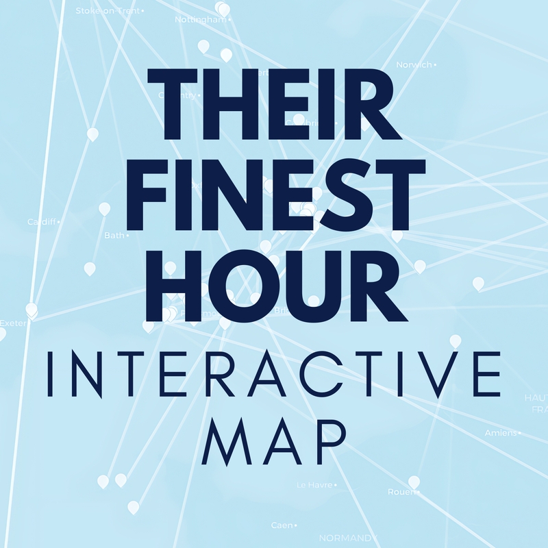 Text on a blue background reading Their Finest Hour Interactive Map.