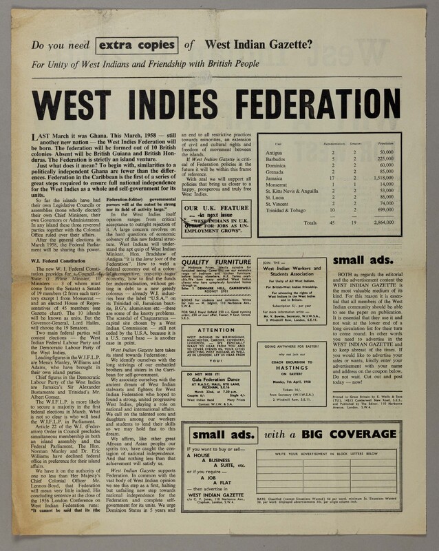 A page from the West Indian Gazette with an article on the West Indies Federation. 