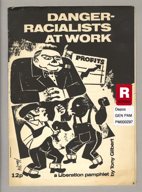 On the black and white illustrated cover two men in overalls, one with a light and one with dark skin tone, are involved in a fist match. Looming over them is man in a suit and bow tie smoking a cigar. Next to him there is a chart indicating rising business profits. 