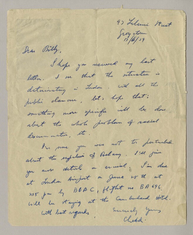 A handwritten letter in ink from Cheddi Jagan, addressed to Billy Strachan.