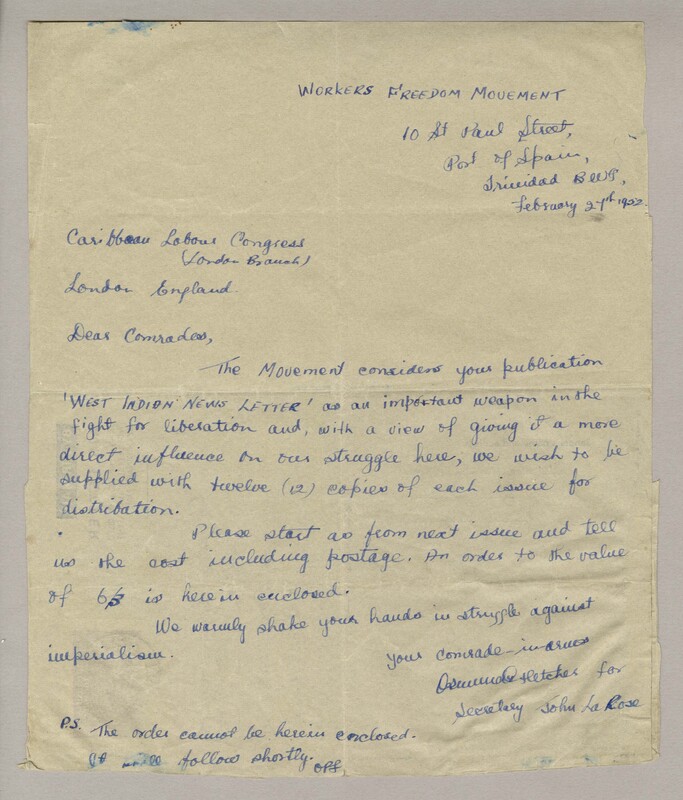 A letter from the Workers Freedom Movement in Trinidad to the Caribbean Labour Congress (London branch) requesting copies of the newspaper Caribbean News. 