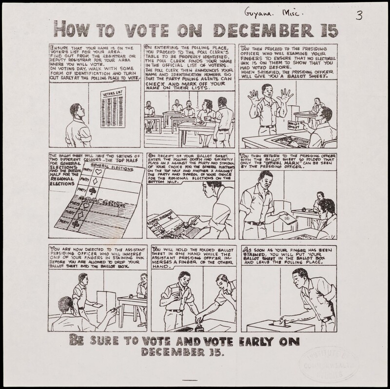 The comic illustrates and describes how the voting process works at the polling station during the elections in Guyana. 