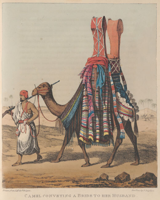 Hand-coloured lithograph of a camel conveying a bride to her husband. From: GF Lyon. A narrative of travels in northern Africa in the years 1818, 19, and 20. London: John Murray, 1821 [FCDO Historical Collection FOL. DT219 LYO] See section 8 of this online exhibition.