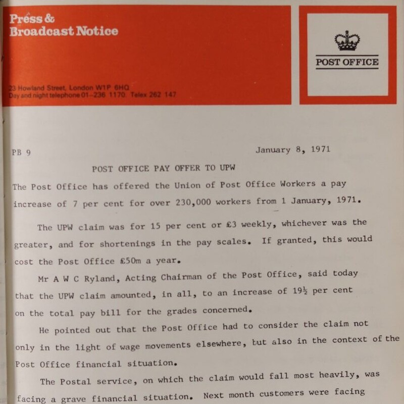 Post Office Press Notice about the offer to the Union of Post Office Workers , 8 January 1971 (POST 108/168).