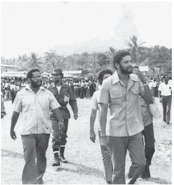 Maurice Bishop (right) while Prime Minister of Grenada. Image from Phillip-Dowe et al, Perspectives on the Grenada Revolution (2017), p. 152