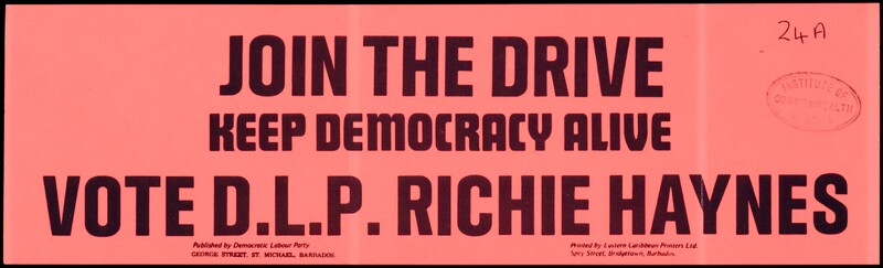 A red car sticker with the text in black: 'Join the drive, keep democracy alive, vote D.L.P. Richie Haynes'.