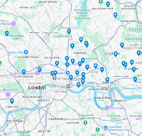 Map of London showing numerous blue location markers.