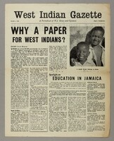 The first page of an edition of the West Indian Gazette with the headline 'Why a paper for West Indians?' Next to the headline article there is an image of two children with an article titled 'Spotlight on Education in Jamaica' underneath. 