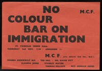 A red leaflet with black text advertising a protest against the colour bar on immigration, that took place at St. Pancras Town Hall, Thursday, 2 November, 7:30. The speakers listed are Fenner Brockway M.P., Ted Hill, Dr. David Pitt, Claudia Jones, Stanley Mayne, Thomas Kellock and Reverand Donald Soper. 