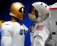 A NASA robot and an astronaut in a spacesuit face each other, both wearing white suits with American flag patches.