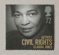 A 72p stamp with a portrait photograph of Claudia Jones with the text 'Activist, civil rights, Claudia Jones' in the bottom right corner.