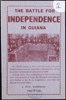 The pamphlet's cover show a photograph alongside a descriptive text: 'Dr. Cheddi Jagan is shown in this scene as he outlines Guiana's case for immediate independence at the London Constitutional talks held in 1960. Among those who participated in this Conference were representatives from the Majority and Opposition Parties in the B. G. Legislature and from the British Colonial Office.'