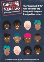The cover of the report 'Chasing Status'. The text next to the title says: 'The 'Surprised Brits' who find they are living with irregular immigration status'. Below there are illustrated portraits of twelve faces. 