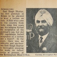 Article from The Post Office Magazine December 1960 about the appointment of Sant Singh Shattar as a postman.