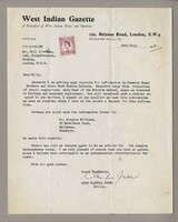 A letter written with a type-writer addressed to 'Mr. Bill Strachan'. The header shows that it was written on behalf of the 'West Indian Gazette: A Periodical of West Indian News and Opinion' and gives the newspaper's address and telephone number. It it signed by hand by Claudia Jones as the editor of the Gazette.