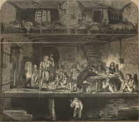 Woodcut depicts three levels of a lodging house, the bedrooms, dining room and basement. It emphasises the austerity of living conditions, with people crouched on the floor with downcast expressions. 
