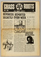 The front page of an issue of the newspaper Grassroots with the Black Liberation Front logo at the top. The headline of the first article is 'Hundreds Deported Secretly Every Week' with two illustrations of crowds in front of a ships in the process of being deported. 