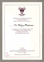 An invitation card addressed to Mr Billy Strachan from the Director of the Imperial War Museum, Dr Alan Borg, to a reception 'in recognition of the contribution made in the Second World War by West Indian men and women'.