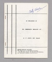 The cover of the booklet 'An Explanation of the Commonwealth Immigrants Act as it affects West Indians' issued by the Migrant Services Division at the Commission in the United Kingdom for The West Indies, British Guiana and British Honduras, 26 Grosvenor Gardens, London, S.W.1. On the top of the cover the name 'Billy Strachan' is written in blue ink, indicating Strachan's ownership of the booklet. 