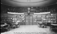 Old black and white photograph with descriptive text reading, "the reading room, Hamburg, 1924-33, now Warburghaus".