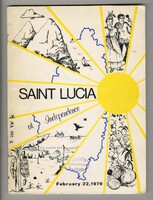A yellow sun radiates outwards in lines across the cover with the shape of St Lucia outlined in a dark blue in the background. In between the rays there are scenes illustrating St. Lucia's landscape and people. 