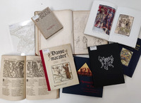 Multiple books overlapping and spread on a table. There are multiple images in the books of of skeletons and visible book titles include Danse Macabre and Dance of Death.