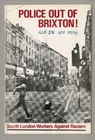The cover shows a black and white photograph of a street in Brixton, blocked by police with riot shields. In front of the row of police officers, a man in running across the street towards a pavement with a red traffic light.