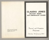 The front and back cover of Claudia Jones' funeral programme. The text reads 'Claudia Jones: militant negro, anti-imperialist leader, funeral and cremation programme, Saturday 9th January 1965'. On the back the text reads: 'Claudia Jones Memorial Committee, 13, Station Avenue, London, S.W.9., Telephone: Brixton 1754'.