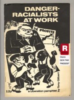 On the black and white illustrated cover two men in overalls, one with a light and one with dark skin tone, are involved in a fist match. Looming over them is man in a suit and bow tie smoking a cigar. Next to him there is a chart indicating rising business profits. 
