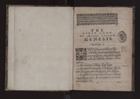 Title page of the Book of Genesis from a Bible, with text in English and Wôpanâak.