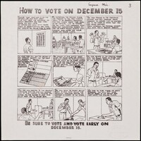 The comic illustrates and describes how the voting process works at the polling station during the elections in Guyana. 