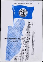 The manifesto's cover has a blue flag with a white circle bearing Belize's coat of arms, standing on a blue surface in the shape of the country. The national anthem is printed as sheet music on the right-hand side of the shape but rotated by 90 degrees. 