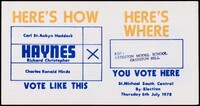 An by-election leaflet advocating for the Barbados Democratic Labour Party candidate with instructions on where the polling station is located. 