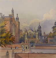 Watercolour painting depicting a quiet street with college and church buildings.