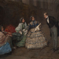 Painting by Bertha Newcombe of Emily Davis and Elizabeth Garrett presenting the suffrage petition to John Stuart Mill in Westminster Hall on 7 June 1866.